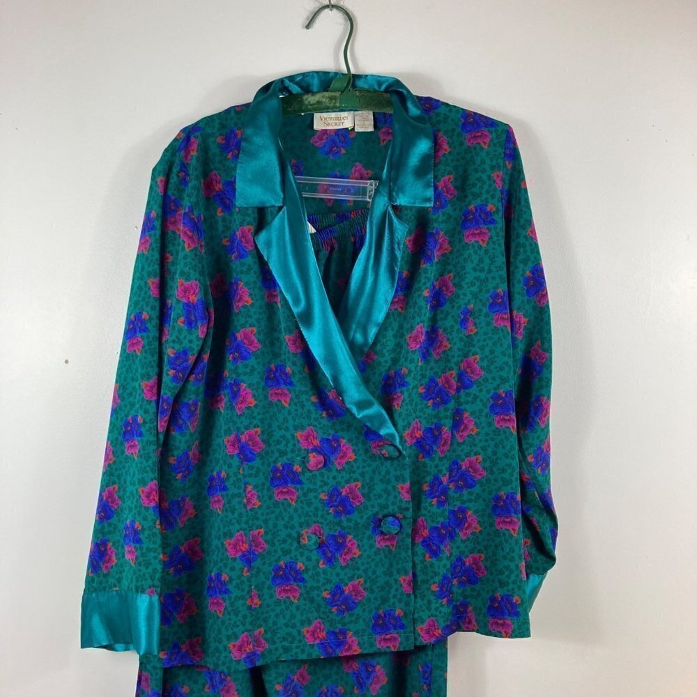 Womens Vintage Victoria Secret Gold Label Luxe Lounge Sleep Set Green Floral S
